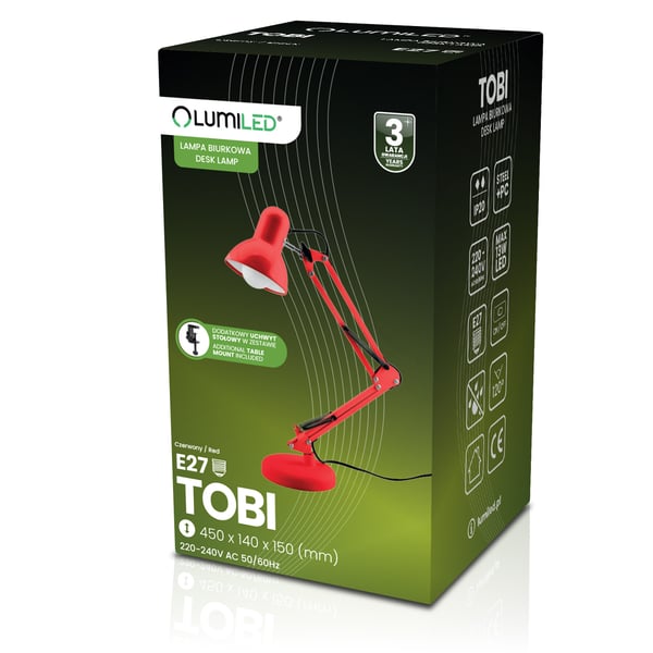 Työpöytälamppу Piirustuslamppу Pöytälamppу E27 TOBI Punainen Lumiled + kiinnike tasoon