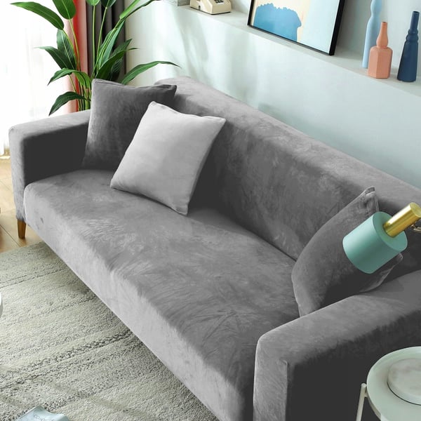 Ljusgrått sammetsöverdrag soffa 4-sits