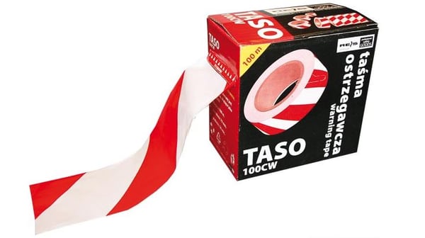 ADVARSELSTAPE I DISPENSER 70MM*100MB HVID-RØD - TAPE 70*10C