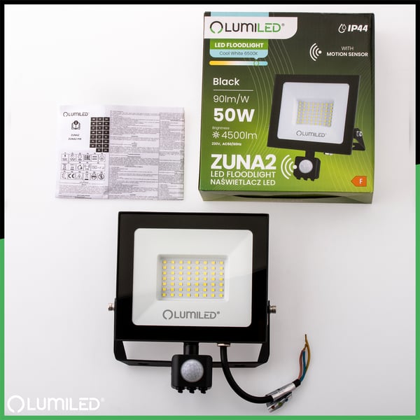 ZUNA2 LED-valonheitin 50W 4500lm 6500K IP44 musta liiketunnistin LUMILED
