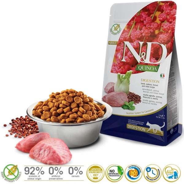 FARMINA N&D CAT QUINOA DIGESTION Lamm och fänkål foder