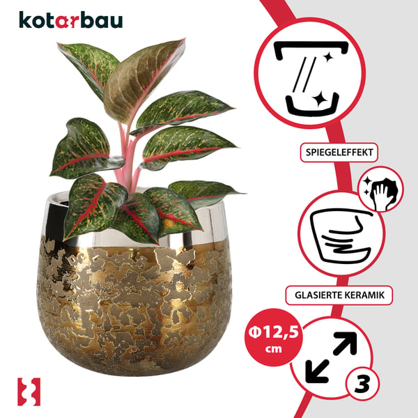 Rund guldfärgad blomkruka med spegelfeffekt 12,5 cm keramik