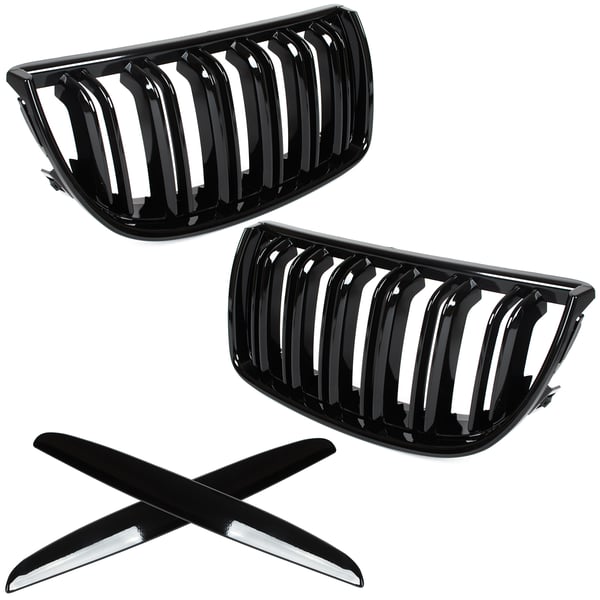 BMW 3 E90 / E91 04-09 SEDAN / KOMBI gitter mellem forlygterne (nyrerne) venstre + højre sæt SORTE GLOSSY DOBBELTE BÅNDRIBBER BMW 3 E90 / E91 04-09 SEDAN / KOMBI gitter mellem forlygterne (nyrerne) venstre + højre sæt SORTE GLOSSY DOBBELTE BÅNDRIBBER