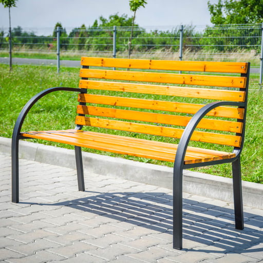 Træhavebænk, kirkegårdsbænk, metalparkbænk med ryglæn, stor