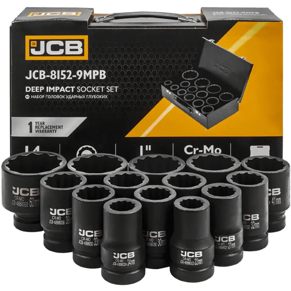 JCB 1" Cr-Mo 12-kulmainen syvä iskuhylsysarja 14 osaa