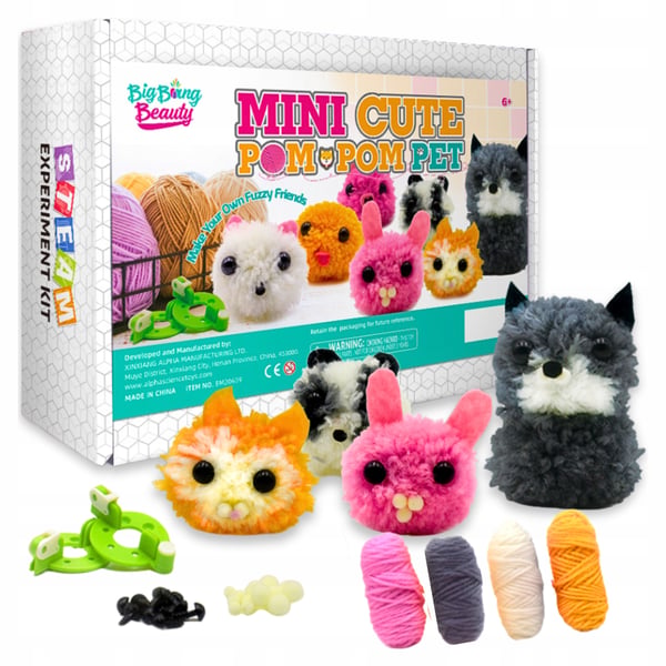 Virknadsset för djur katt kanin pom-poms garn för barn
