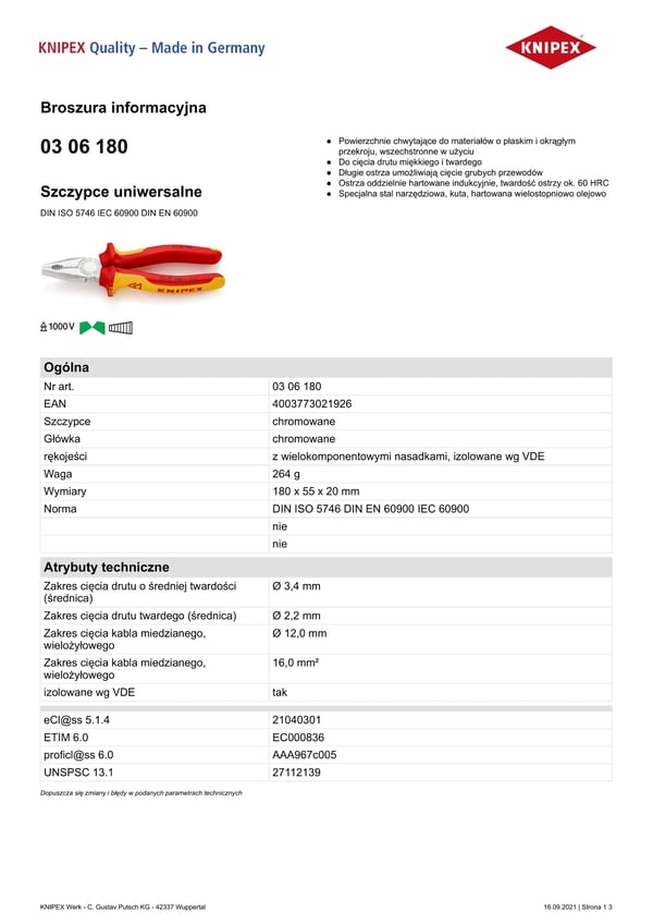 VDE-eristetyt yleispihdit 180 mm - KN 03 06 180