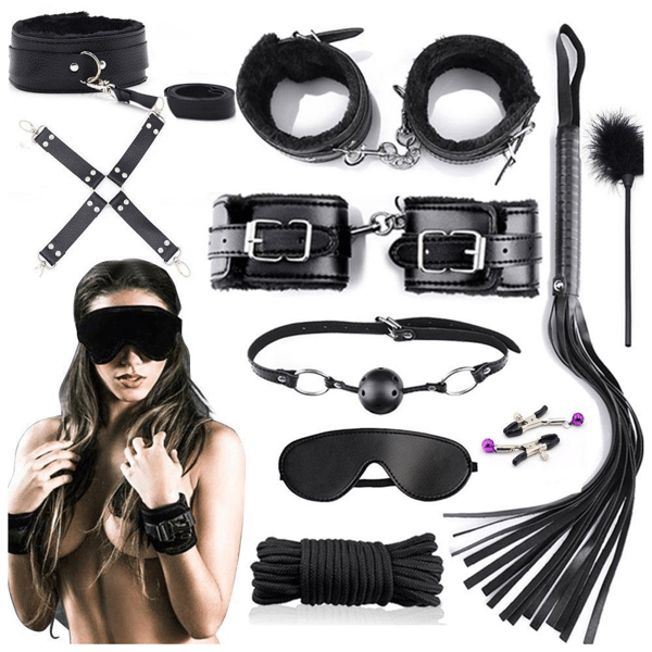 Sexgadgets håndjern pelskrave bdsm sæt læderpisk til par