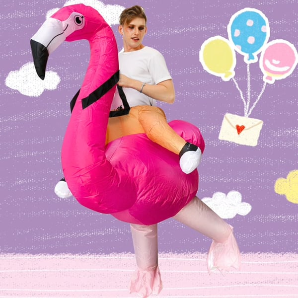 Oppustelig flamingo-dragt, selvoppusteligt lyserødt kostume