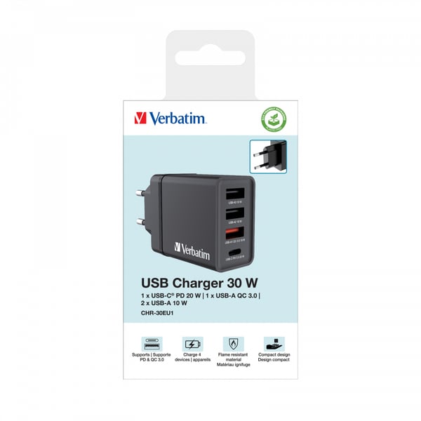 Verbatim vægoplader 1xUSB-C PD 20W 1xUSB-A QC 3.0 2xUSB-A 10W EU sort