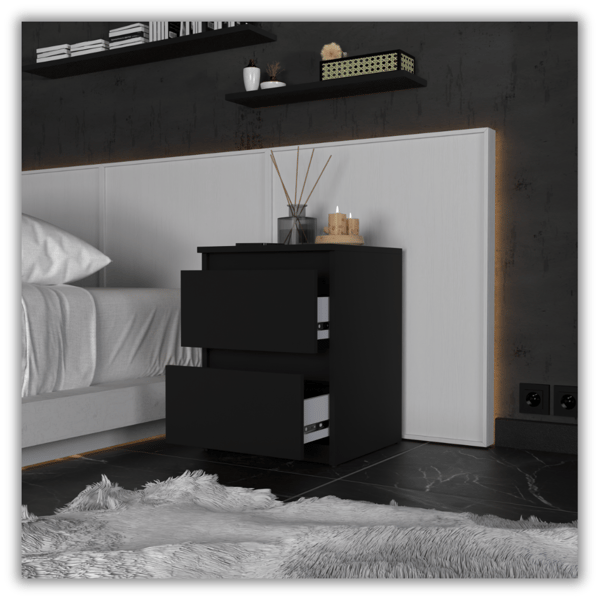 SORT NAGTSKAB 40CM 2 SKUFFER STOR HØJ NATGBORD NAKASTLIK LOFT