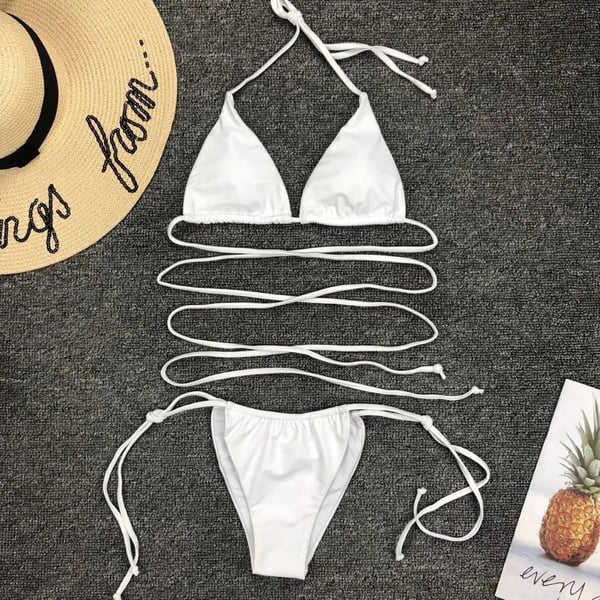 Bikini badedragt med binding, hvid, todelt strandsolbadning l Bikini badedragt med binding, hvid, todelt strandsolbadning S