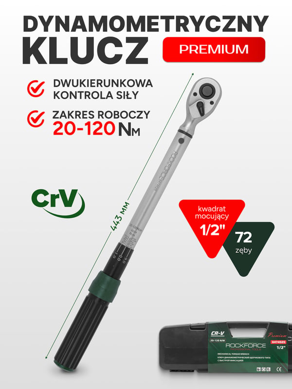 ROCKFORCE Dobbeltsidet momentnøgle 1/2" 20-120Nm + CrV-huslås