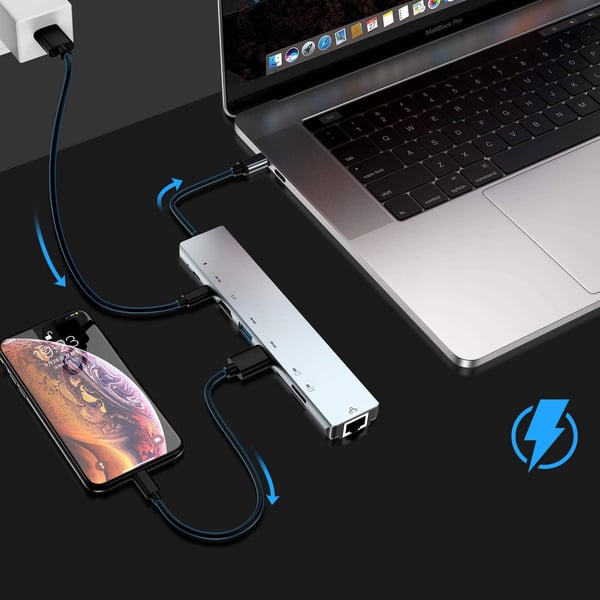 USB-C 8-i-1 hub adapter RJ45 100Mb/s HDMI 4K USB 3.0 til Windows/Mac/Steam