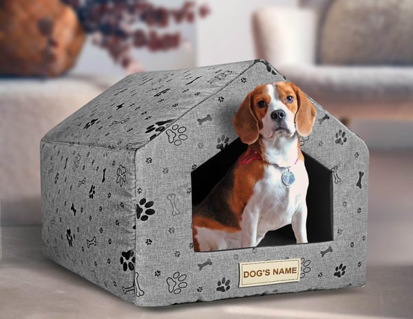 Personliggjort hundeseng hus 50x40 cm H=38 cm sorte poter