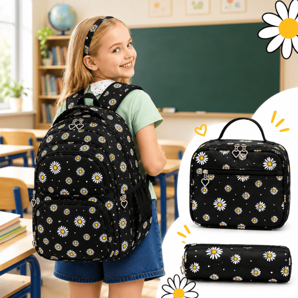 Daisy Print -koulureppu tytöille, 3-in-1 -setti, penaali, lounasrasia