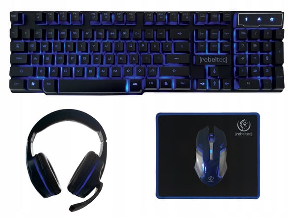 Trådbundet tangentbord + mus + matta + hörlurar Rebeltec Sherman Gaming USB svart bakgrundsbelyst