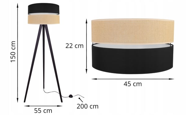 Lattiavalaisin, kolmijalka, puinen lampunvarjostin, 45 cm, musta