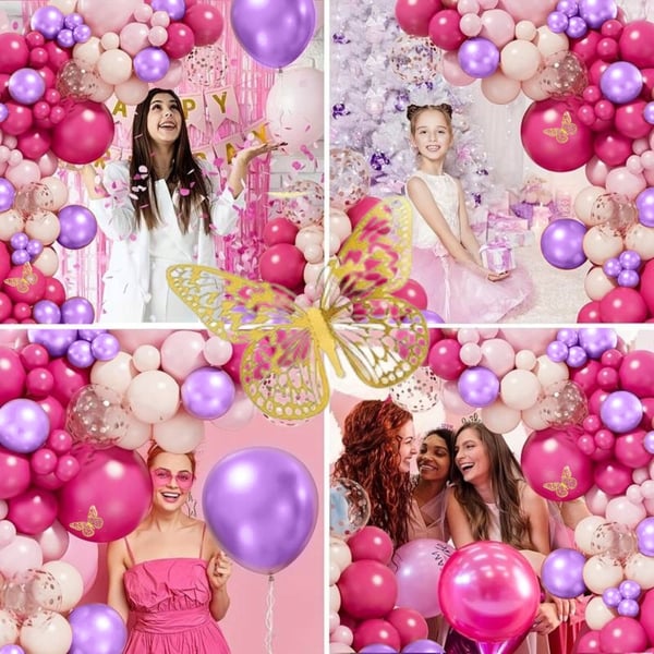Ballongirlande sommerfugle pink lilla balloner til fødselsdag 1. fødselsdag xxl 133 stk.