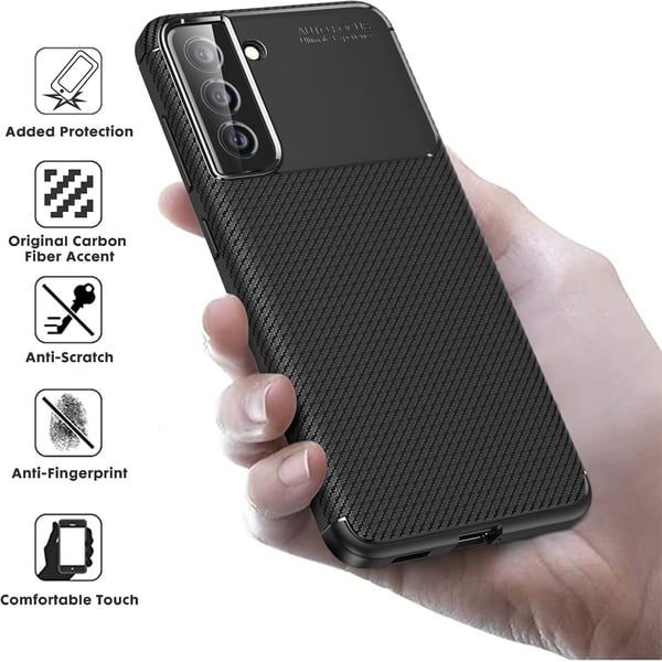 Samsung Galaxy S21 FE 5G:n hiilikuituinen silikonikuori, musta ja 3x-lasi