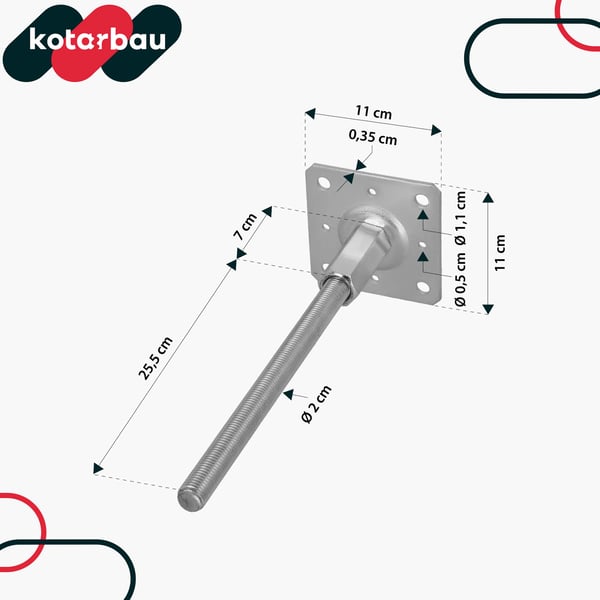 KOTARBAU® lodret justerbart stålstolpankere til paviljonger, markiser og hegn 110 x 330 mm sæt á 2