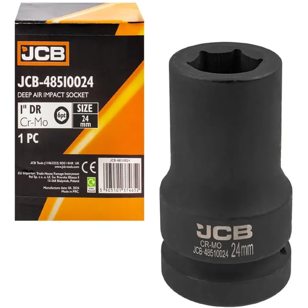 JCB SLAGTOPPENØGLE dyb 1" 24 mm 6-punkts Cr-Mo topnøgle