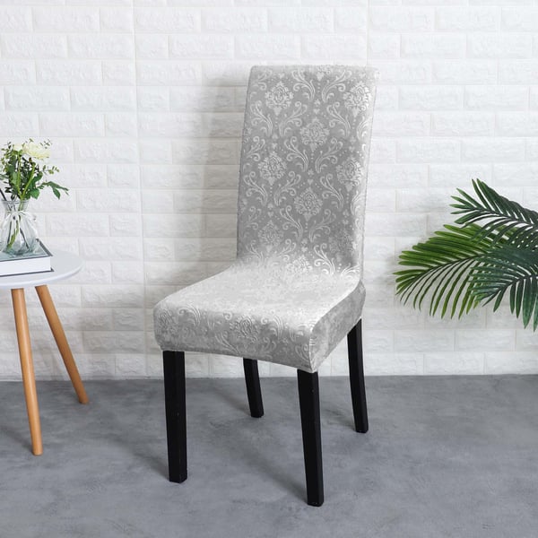 Paksu kohokuvioitu samettinen tuolinpäällinen, vaaleanharmaa