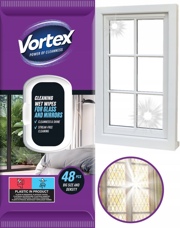 VORTEX våtservetter för speglar och glas med fällbara lock, 48 stycken