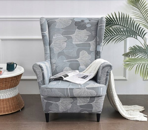 Päällinen siipiselle nojatuolille, harmaa, lehtikuvio, kuminauha [22EW8]