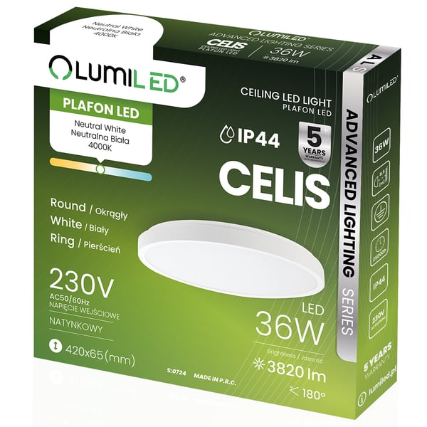 Loftlampe LED overflademonteret 36W 4000K CELIS Rund IP44 Hvid Ring ALS LUMILED