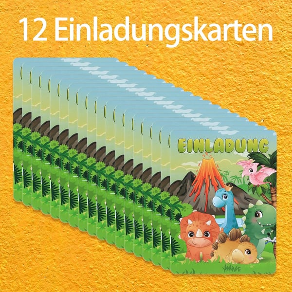 Grønne dinosaur fødselsdagsinvitationer på tysk 12 stk.