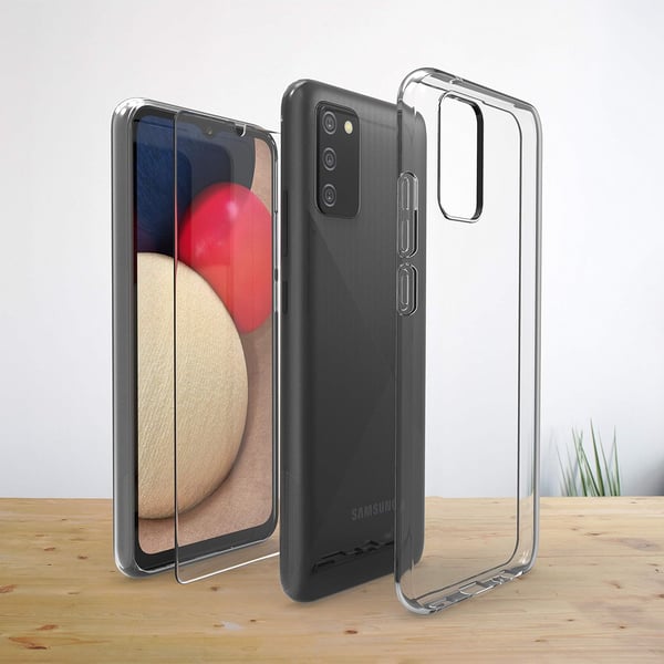 Etui til Samsung Galaxy A02s gennemsigtigt 2x hærdet glas SM-A025F