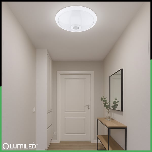 Taklampa LED REGIS 2x E27 IP44 med rörelsesensor och skymningssensor vit rund 30cm LUMILED
