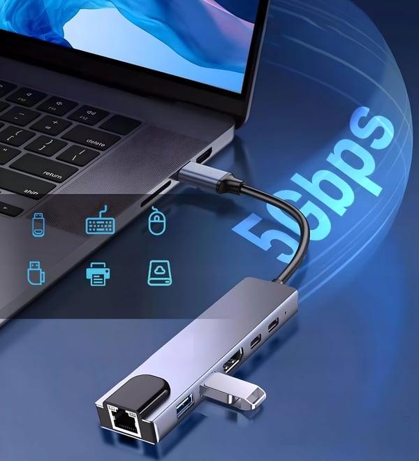 HUB USB-C 6-i-1 HDMI 4K RJ45 LAN 2xUSB 3.0 PD 100W MacBook M1 M2 Thunderbolt