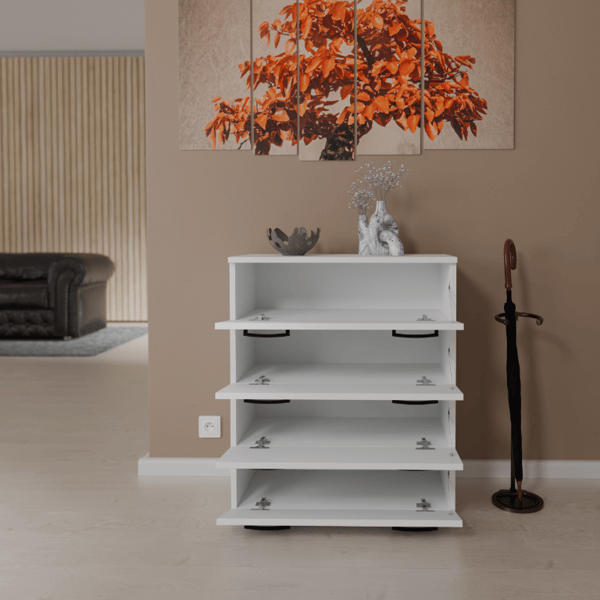 SKOSKAB HVID MAT 71x82,9x35 4 HYLDER STATIV UDEN SÆDELOFT
