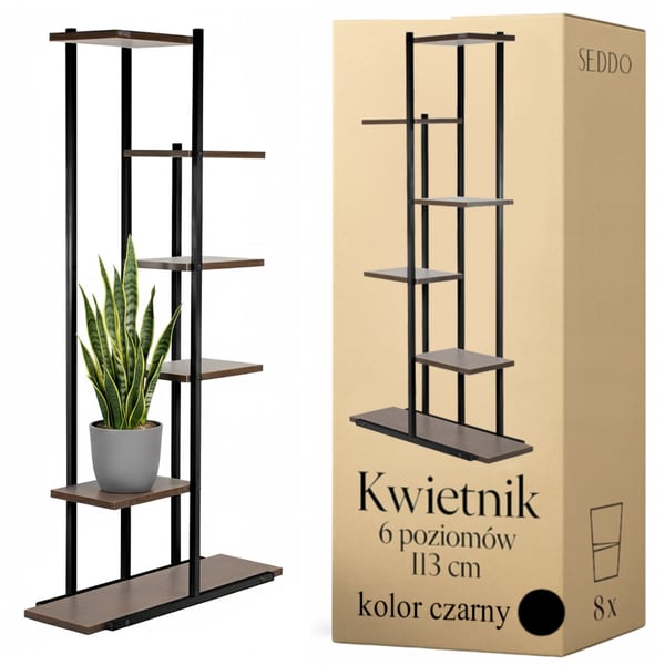 Metallinen kukkateline, 6 hyllyä, musta, moderni, 113 cm, loft-kokoinen