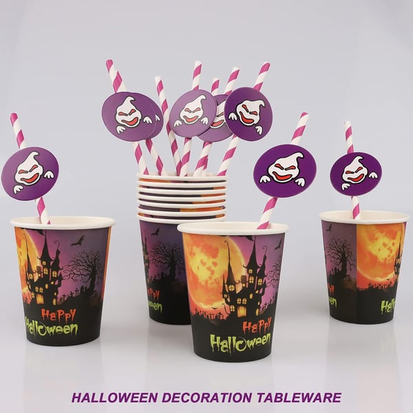 Halloween feststelsæt: tallerkener, kopper, sugerør, dug, 52 dele