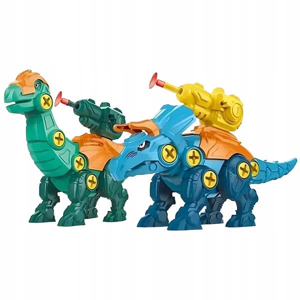 Gör-det-själv-byggklossar med tre dinosaurier i fodral