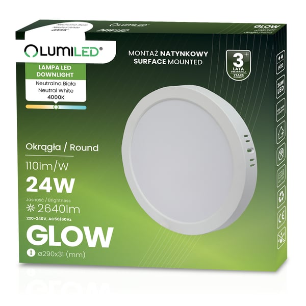 Taklampa inbyggnadsmontering LED 24W rund 4000K GLOW vit LUMILED