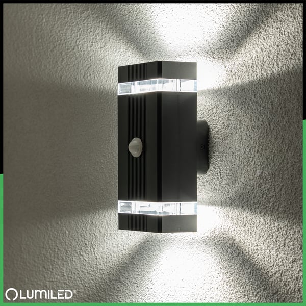 Havelystkarm Væglampe op og ned 2x GU10 sort bevægelsessensor og skumringssensor IP54 HEDERA LUMILED