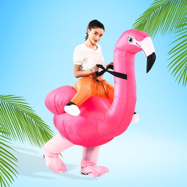 Oppustelig flamingo-dragt, selvoppusteligt lyserødt kostume