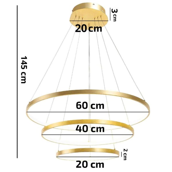 LED loftspendellampe, lysekrone, 3 ringe, 76w, guldfarvet, justerbar, NEUTRAL