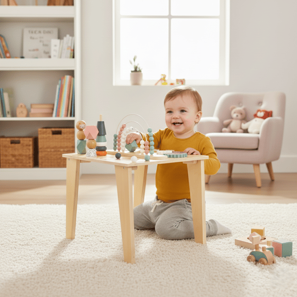 Multifunktionellt Montessori-pedagogiskt träbord räv
