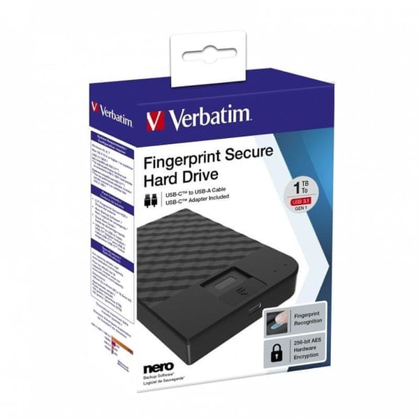 Verbatim 2 TB 2,5" Fingerprint Secure USB-C 3.0 Gen1 extern hårddisk med fingeravtrycksläsare