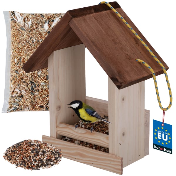 KOTARBAU® Ophængt fuglefoderautomat åben kasse til altan/have træ 270 x 230 x 135 mm + foder 0,5 kg