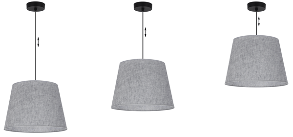 Hængelampe, linnedkegle, sort, 1 flad, grå lampeskærm L04 38cm