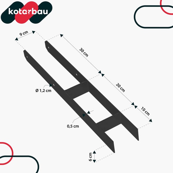 KOTARBAU® H-søjlestøtte til vægmontering, ankerbolt, sort galvaniseret stål, 90 mm, 2-pak