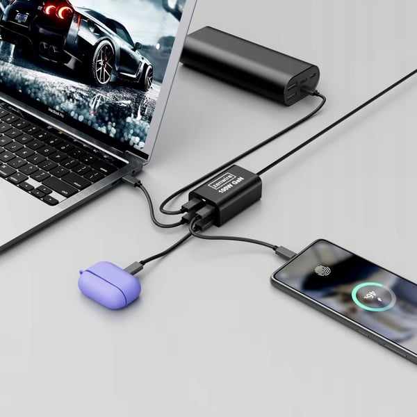 Vægoplader Strømforsyning 100W GaN III Cube AC Kabel 2x USB-C 65W 2x USB-A Zenwire YMS-608
