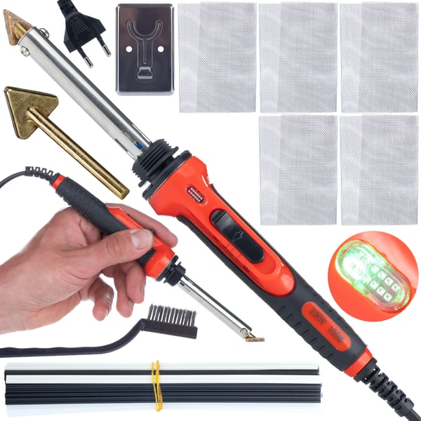Rosfix Red Odysseya 100W muoviliimapistoli + muoviosat (2x PP, PE, ABS, PVC), 5 litraa, suutin ja jalusta Rosfix Red Odysseya 100W muoviliimapistoli + muoviosat (2x PP, PE, ABS, PVC), 5 litraa, suutin ja jalusta