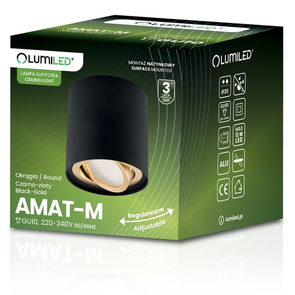 Taklampa HALOGENSPOT rörkupol vridbar GU10 rund svart-guld 84mm AMAT-M LUMILED